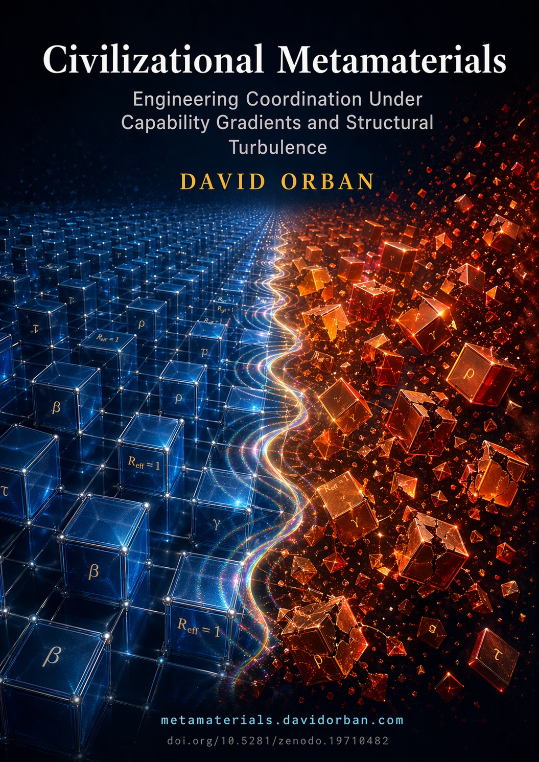 Cover: Civilizational Metamaterials — phase transition between ordered blue voxels and turbulent red voxels